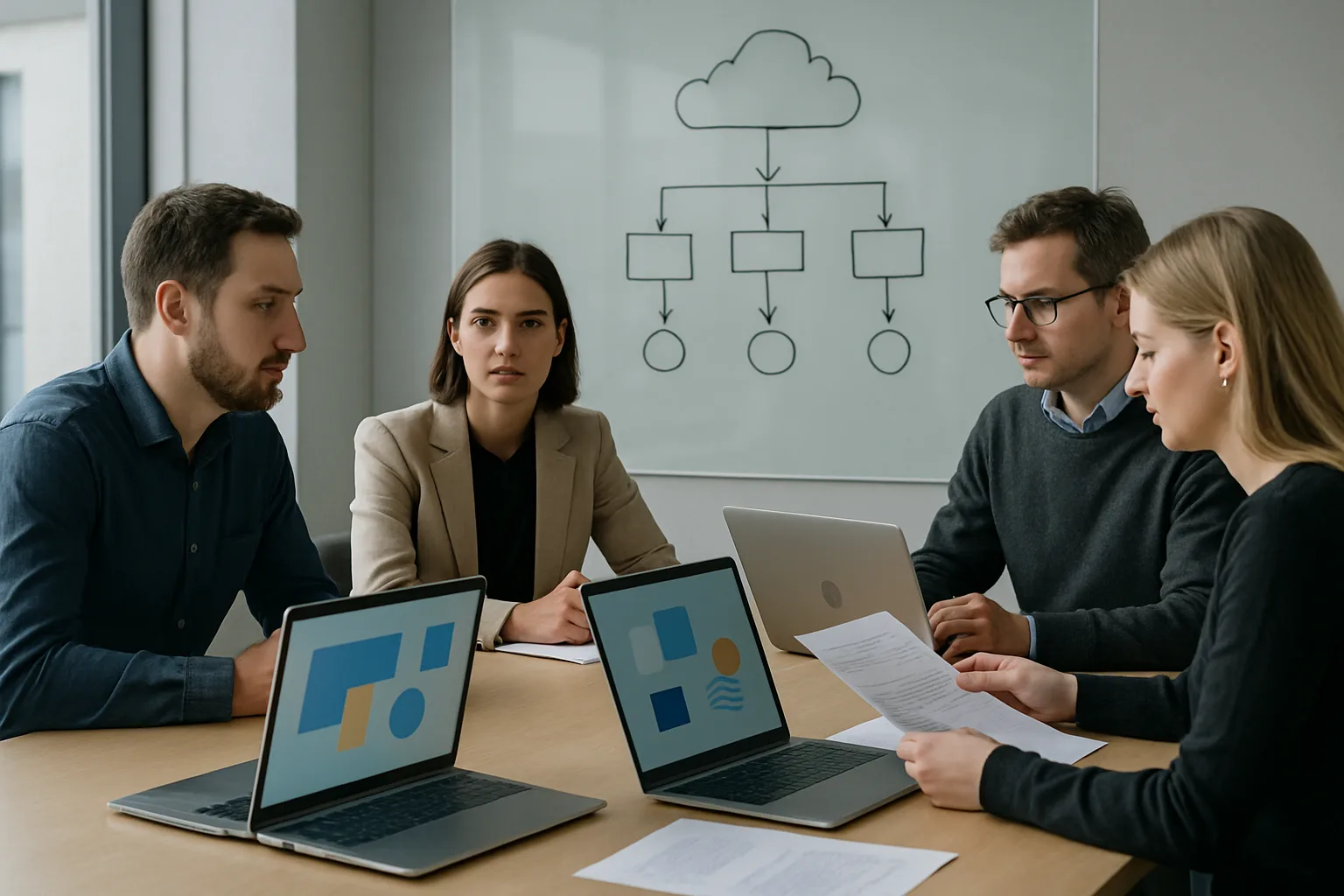 Une équipe prépare la migration d’un logiciel métier autour d’une table, avec des ordinateurs et un schéma de processus.