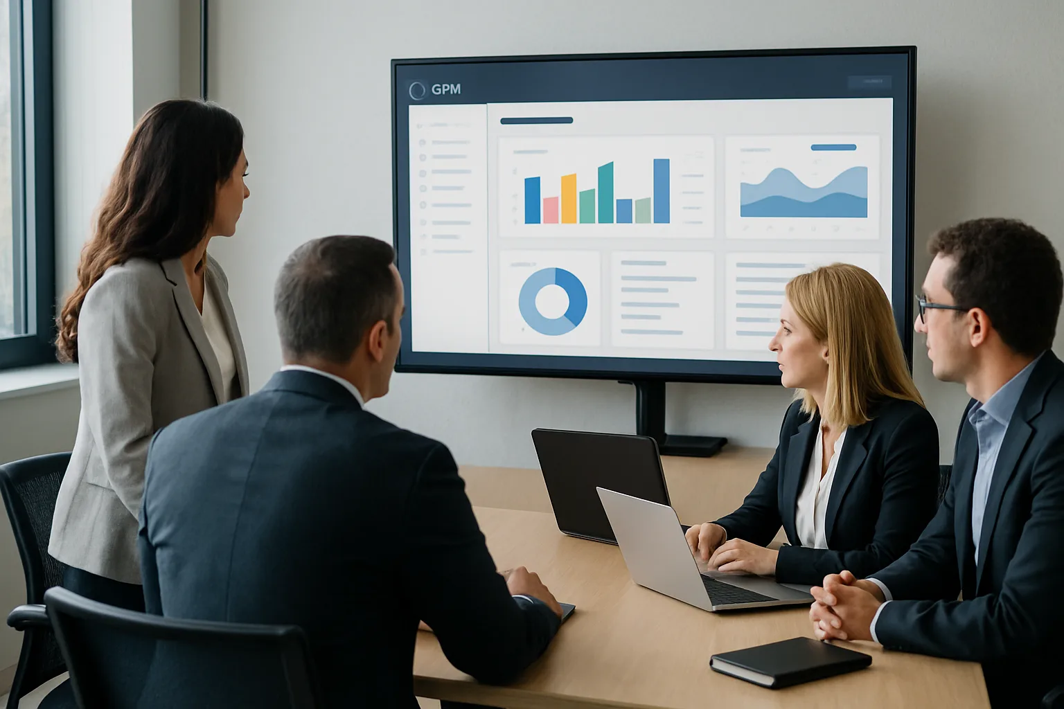 Une équipe B2B examine des indicateurs de qualification de contacts affichés sur un écran.