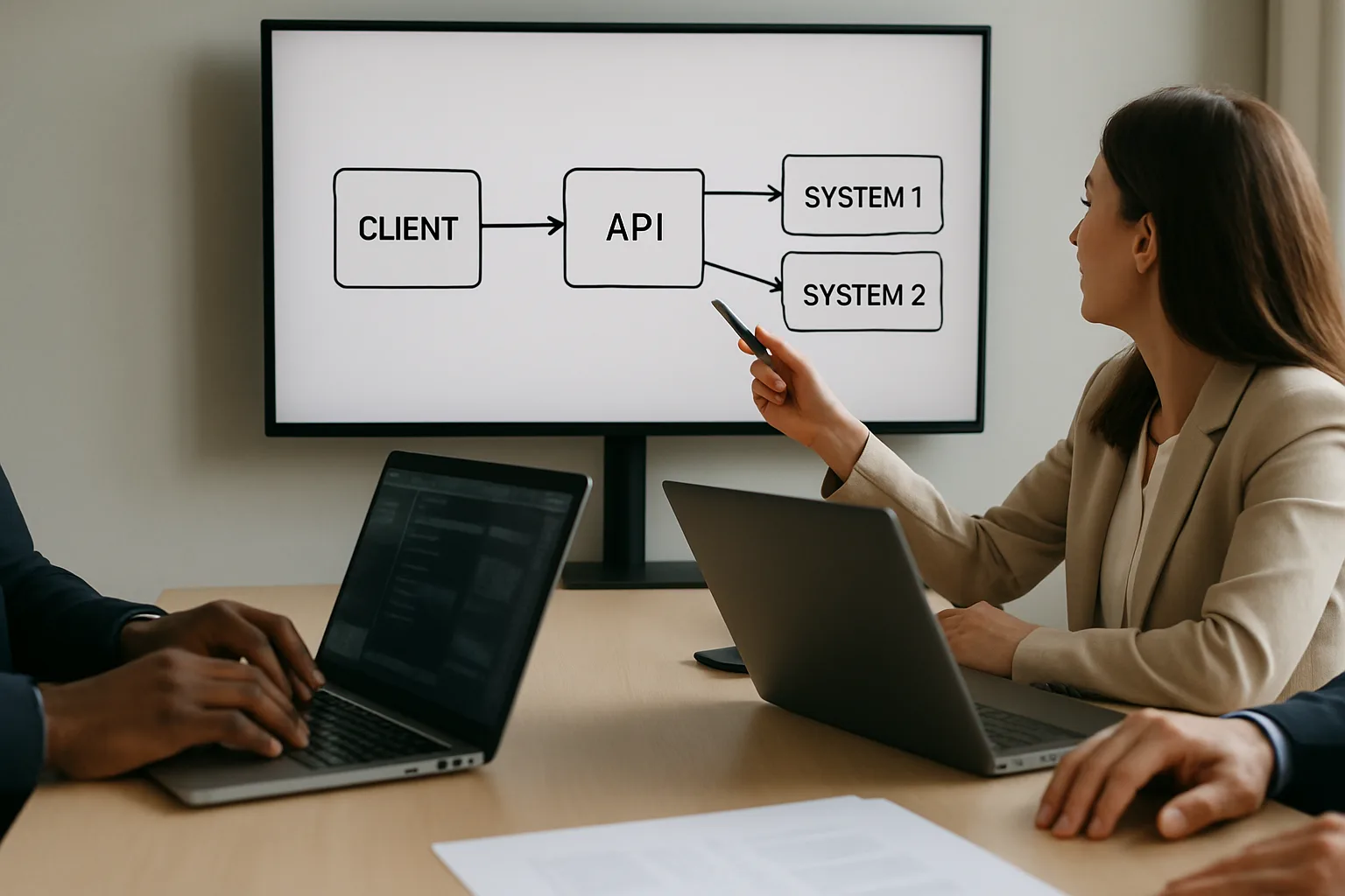 Équipe professionnelle examinant un schéma d’intégration entre un service numérique et une API externe.