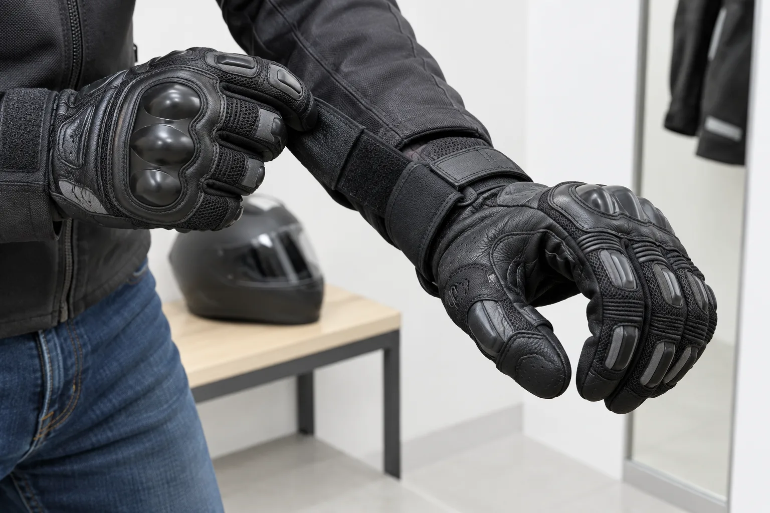 Des mains gantées fléchissent les doigts pour vérifier l’ajustement d’une paire de gants de moto.