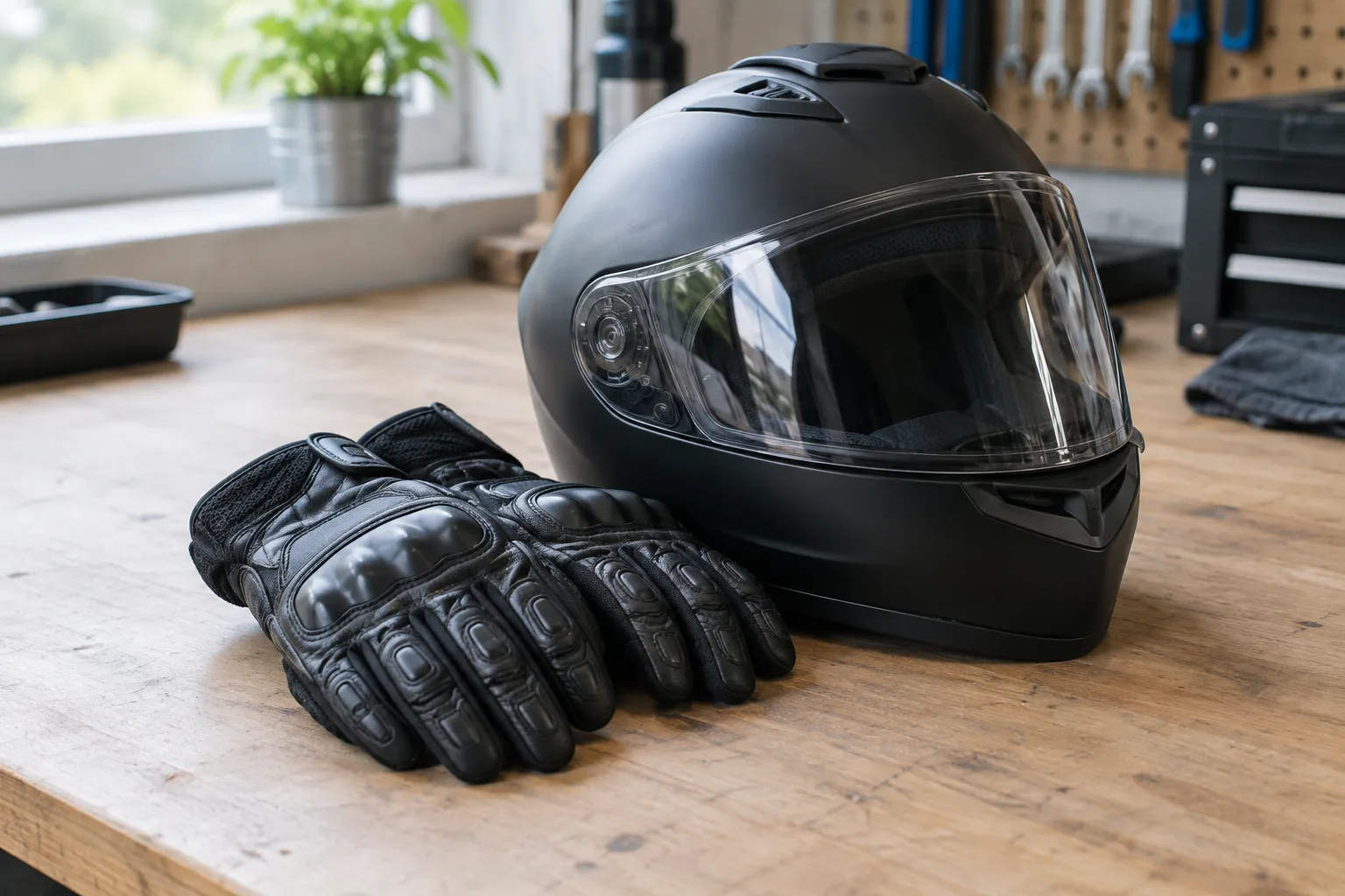 Une paire de gants de moto posée près d’un casque sur un établi.