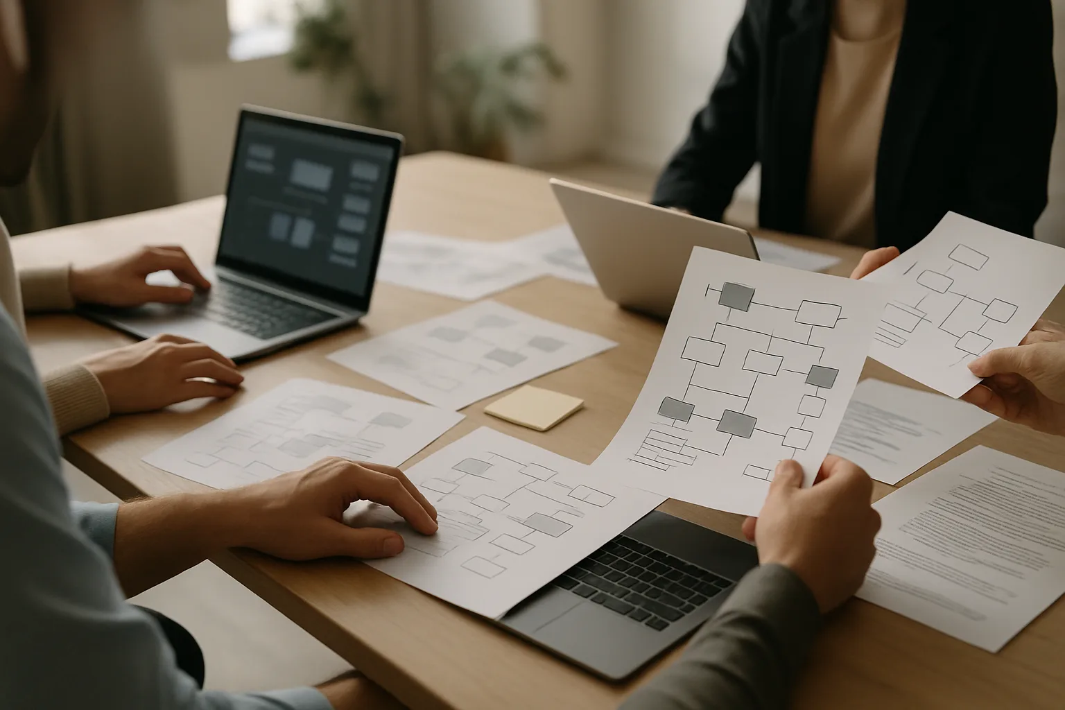 Une équipe de PME prépare le changement de son logiciel métier autour d’un ordinateur et de documents de travail.